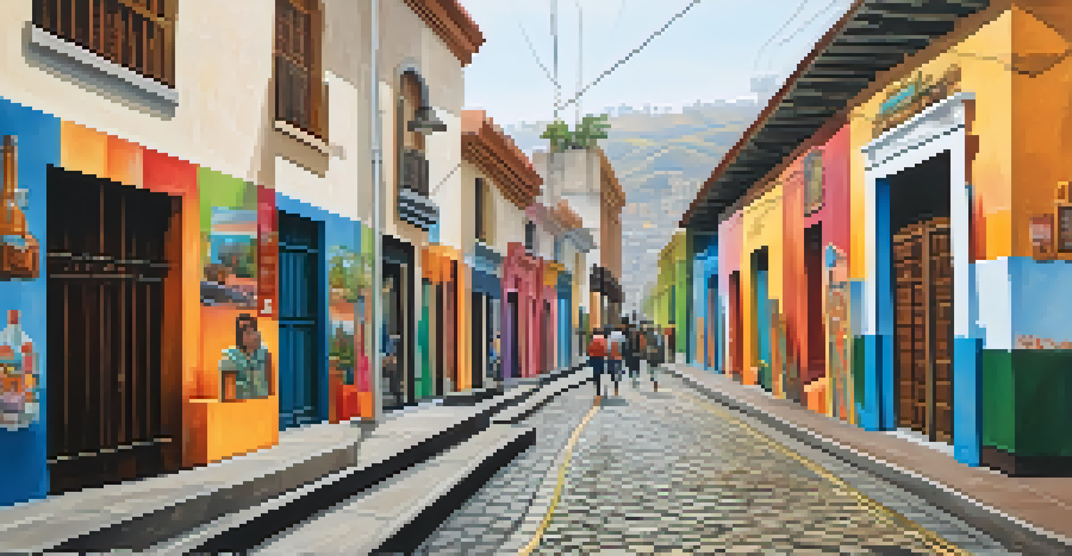 An open-air gallery in Barranco, Lima, showcasing various street art murals on a cobblestone street lined with cafes and shops.