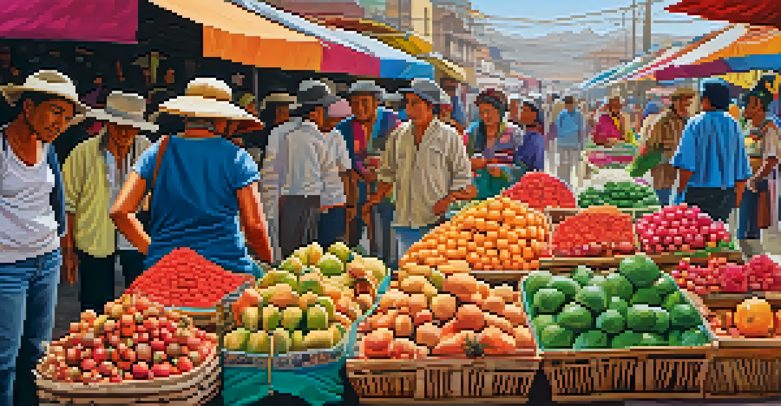 A bustling Peruvian market filled with colorful produce and local vendors interacting with tourists.