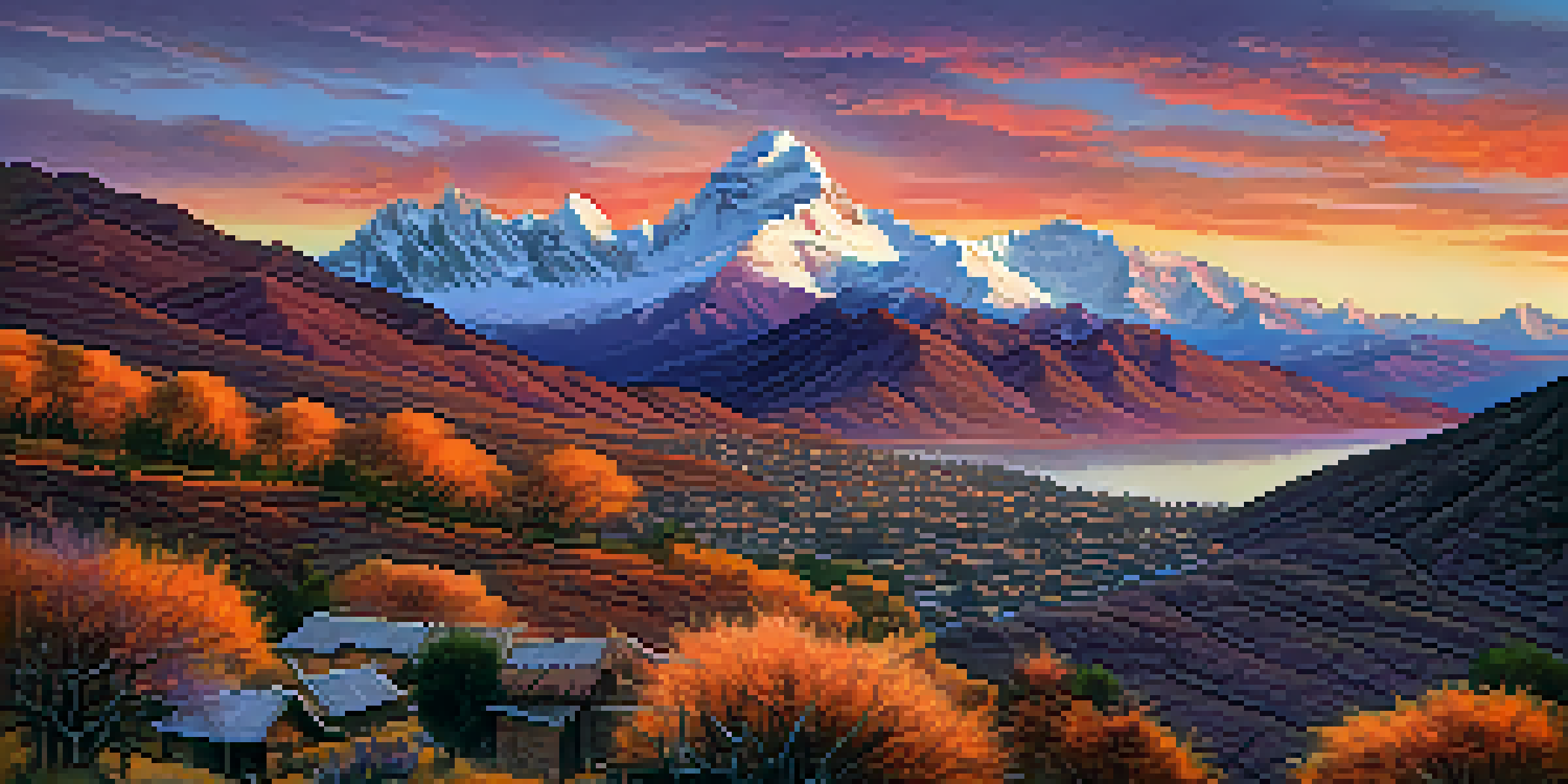 A scenic sunset view of the Andes mountains, showcasing colorful skies and a traditional village in the foreground.