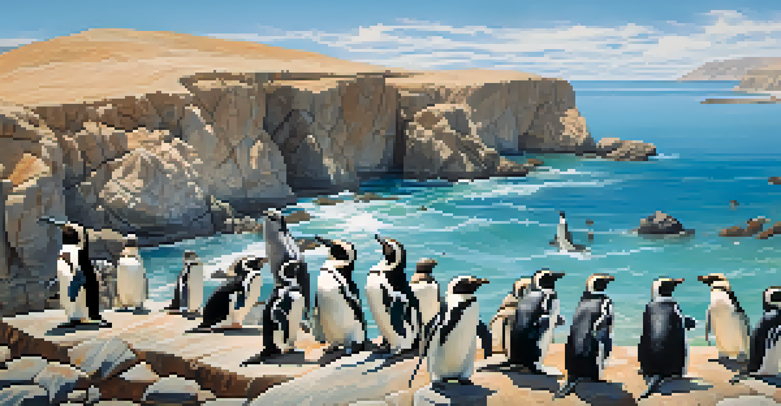A coastal view of Paracas National Reserve with Humboldt penguins and sea lions under a blue sky.