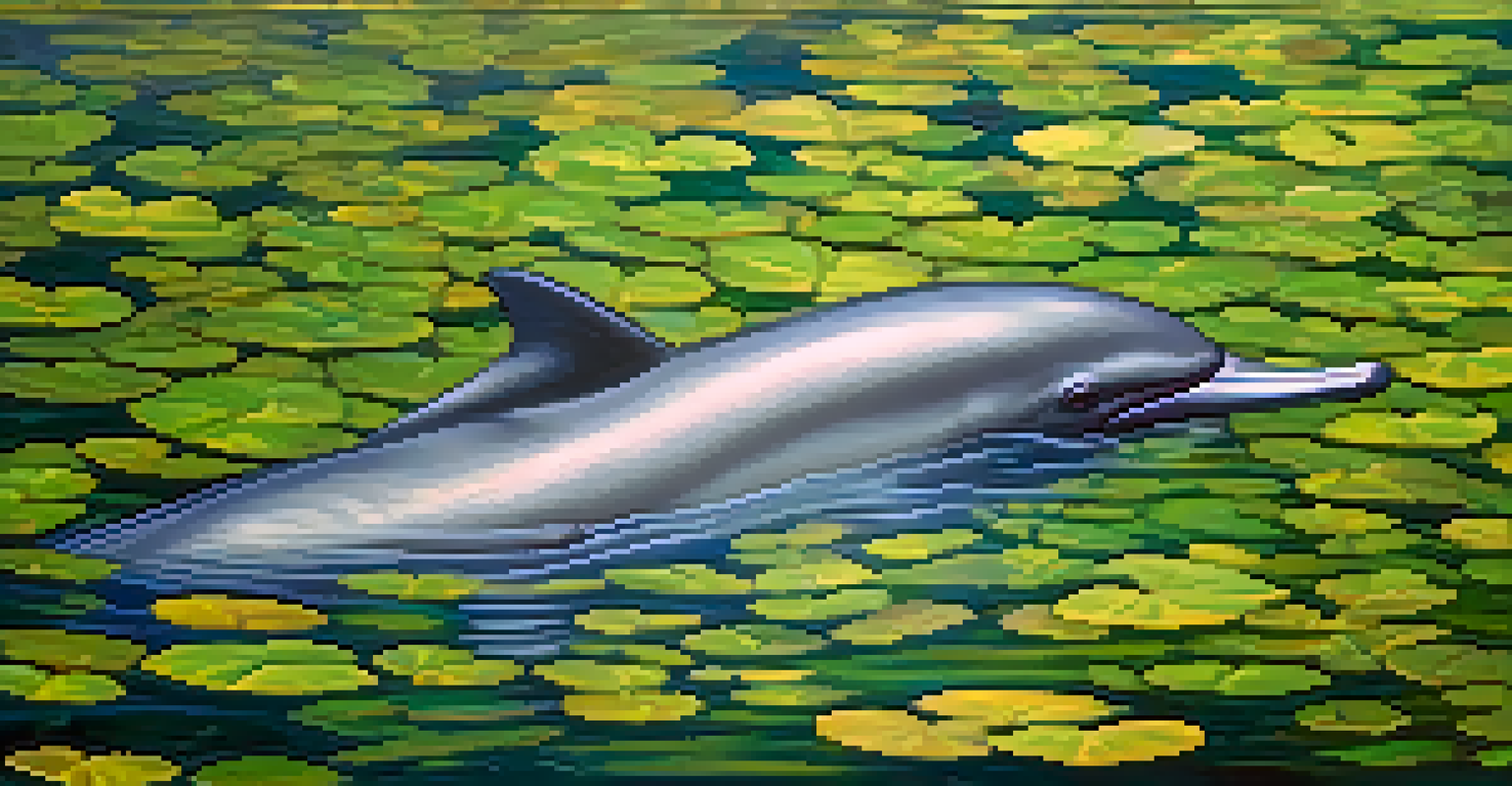 An Amazon river dolphin swimming in a clear river, surrounded by green plants reflected on the water.