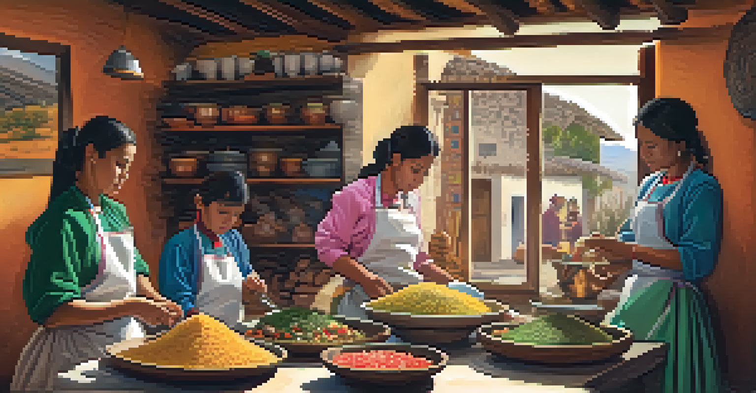 A cozy kitchen scene showing local families cooking traditional dishes during Semana Santa in Ayacucho.