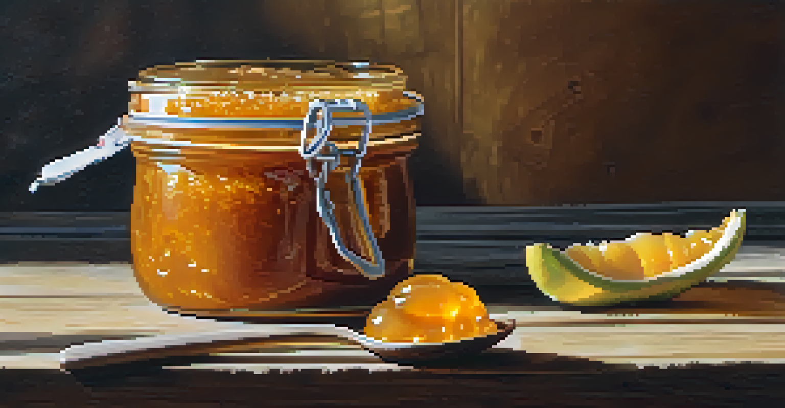 A close-up of aguaymanto jam on a spoon, with fresh aguaymanto fruits and a jar in the background.