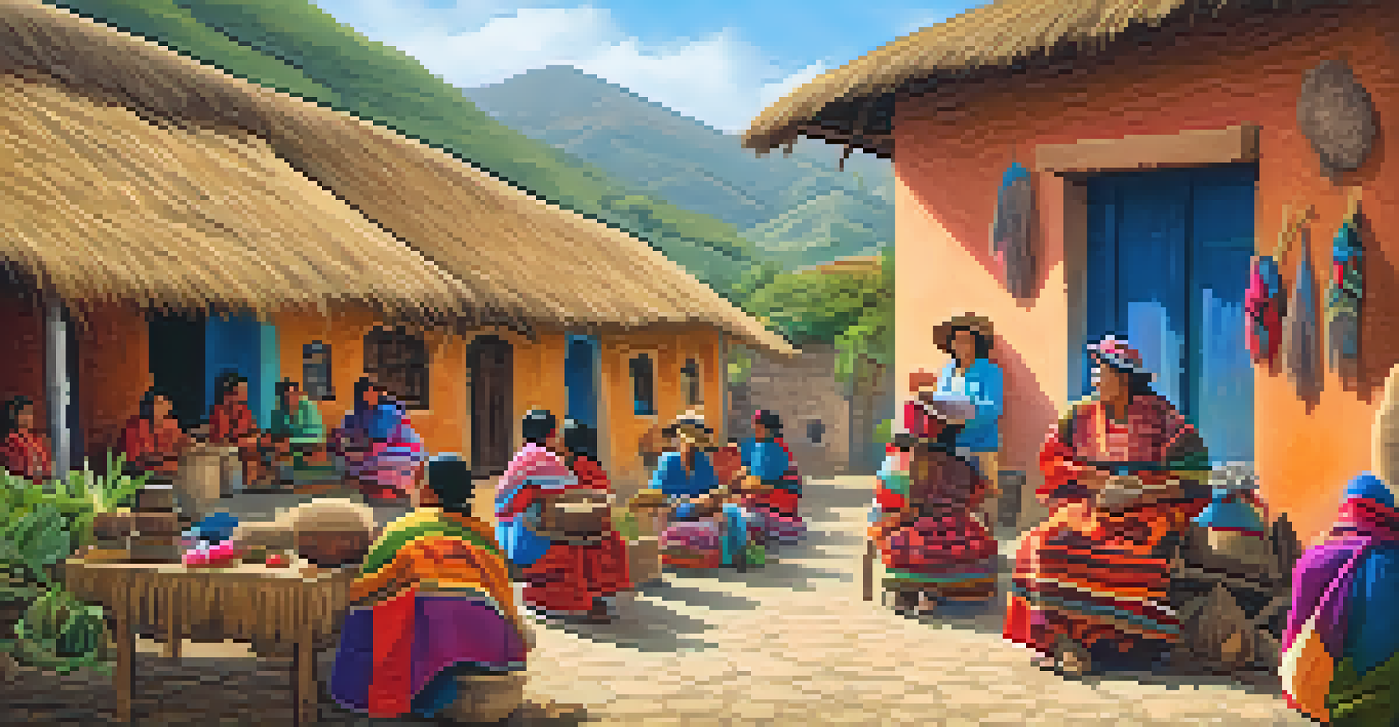 A community workshop in Peru with artisans crafting traditional goods surrounded by colorful textiles and adobe houses.