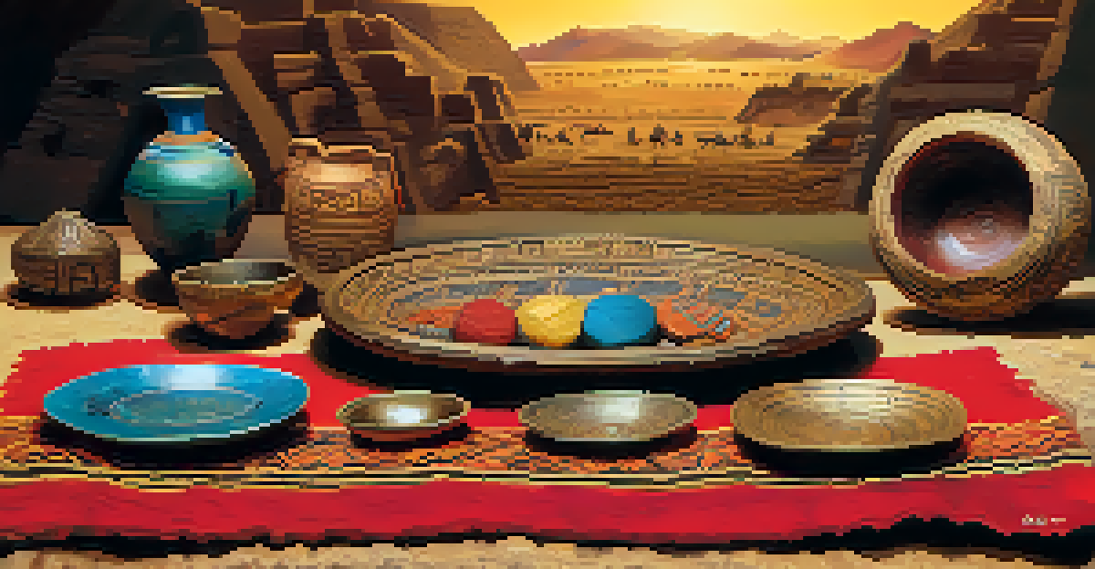 A close-up of colorful textiles and ceremonial objects from Caral displayed on a rustic table, showcasing their intricate patterns and textures.
