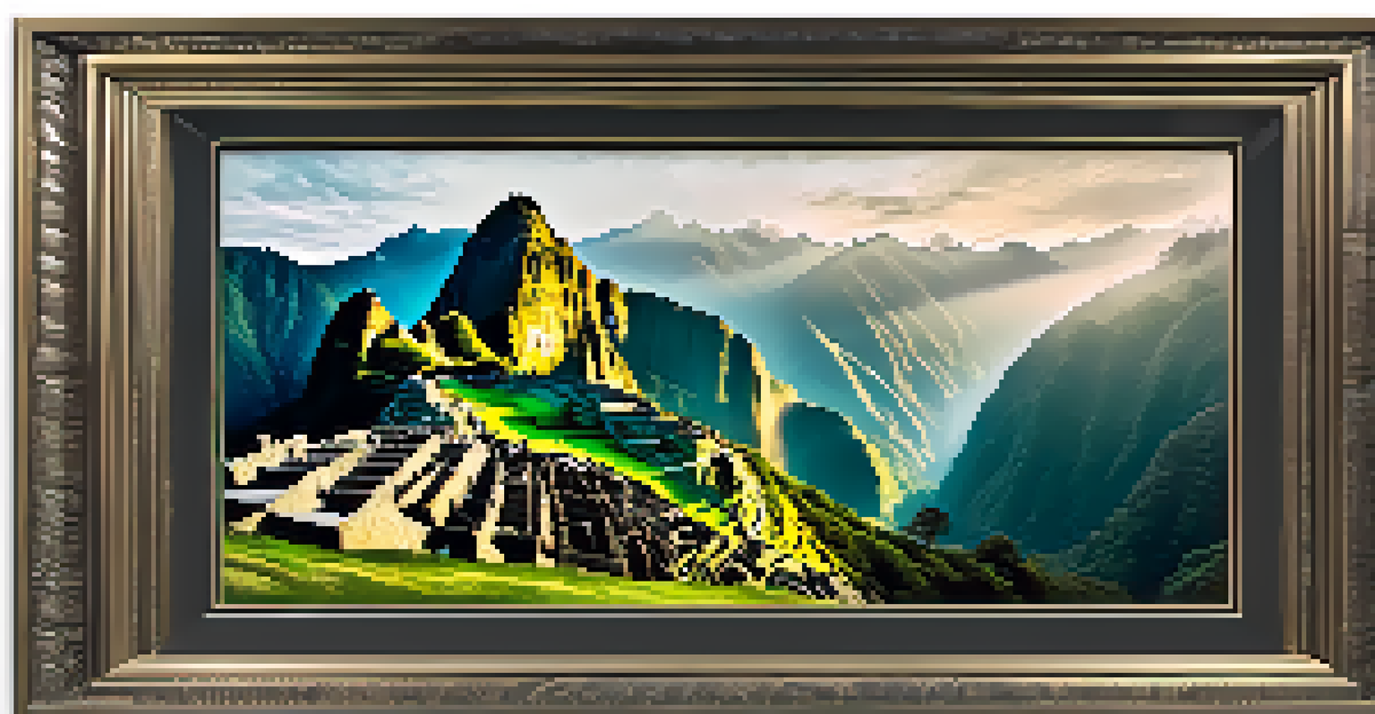 Machu Picchu shrouded in morning mist with surrounding mountains and lush greenery, creating a mystical atmosphere.