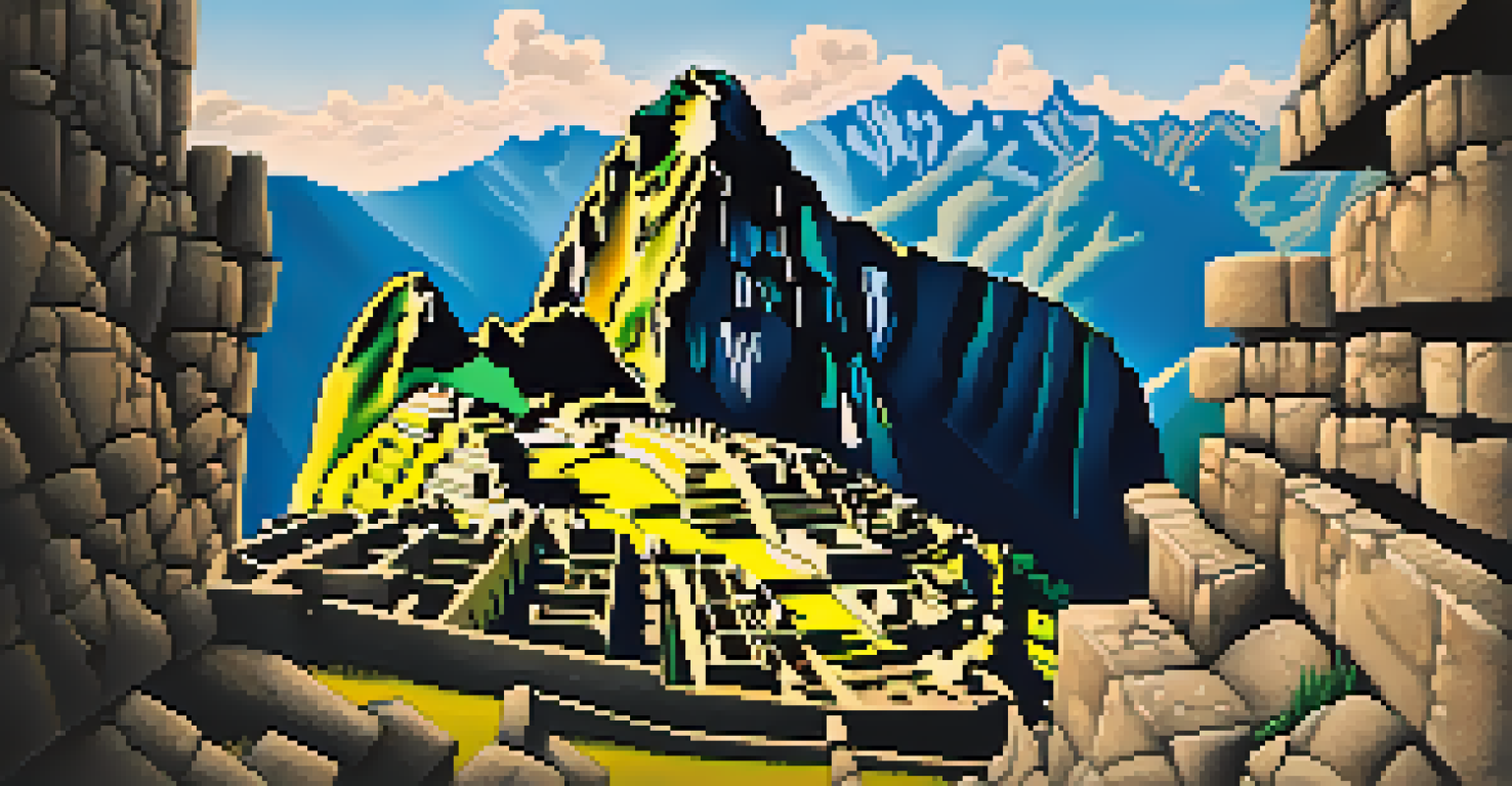 A panoramic view of tourists exploring Machu Picchu, showcasing a diverse group of people admiring the ancient ruins and breathtaking mountainous landscape.