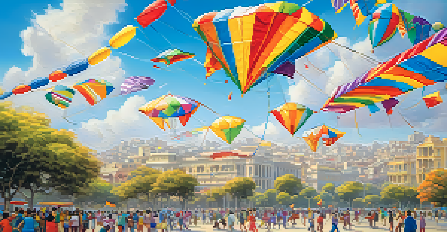 Families flying colorful kites in a park during the Festival del Viento y las Cometas in Lima, with a blue sky and fluffy clouds.