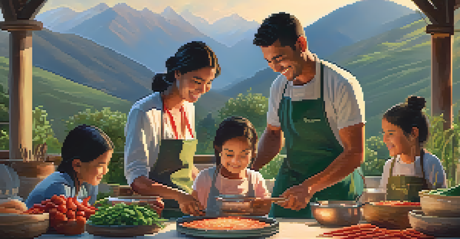 A family engaged in a traditional cooking workshop outdoors, surrounded by fresh ingredients and mountains, illuminated by warm afternoon sunlight.