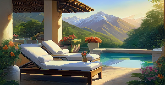 An outdoor hot spring in a luxury spa surrounded by lush greenery and bright flowers, with sunlight filtering through the trees.