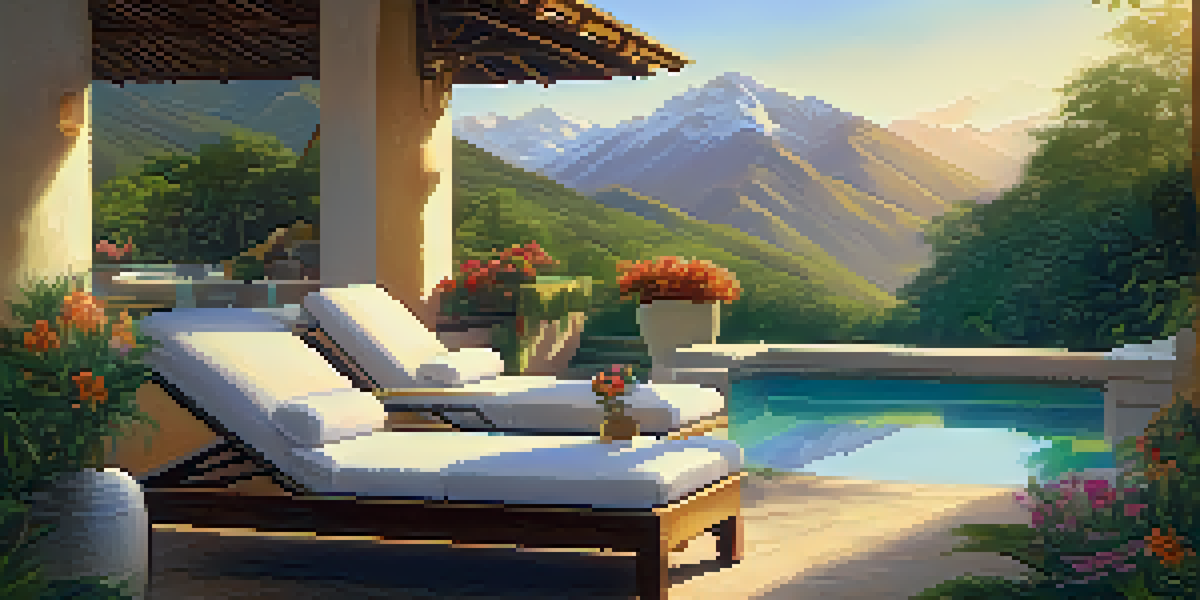 An outdoor hot spring in a luxury spa surrounded by lush greenery and bright flowers, with sunlight filtering through the trees.