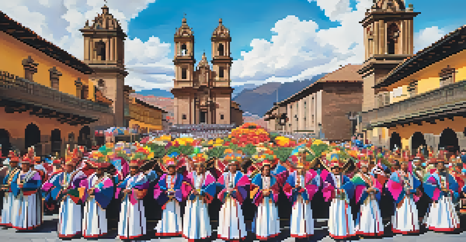 Participants in traditional attire during the Feast of Corpus Christi in Cusco, carrying adorned altars amidst a colorful procession.