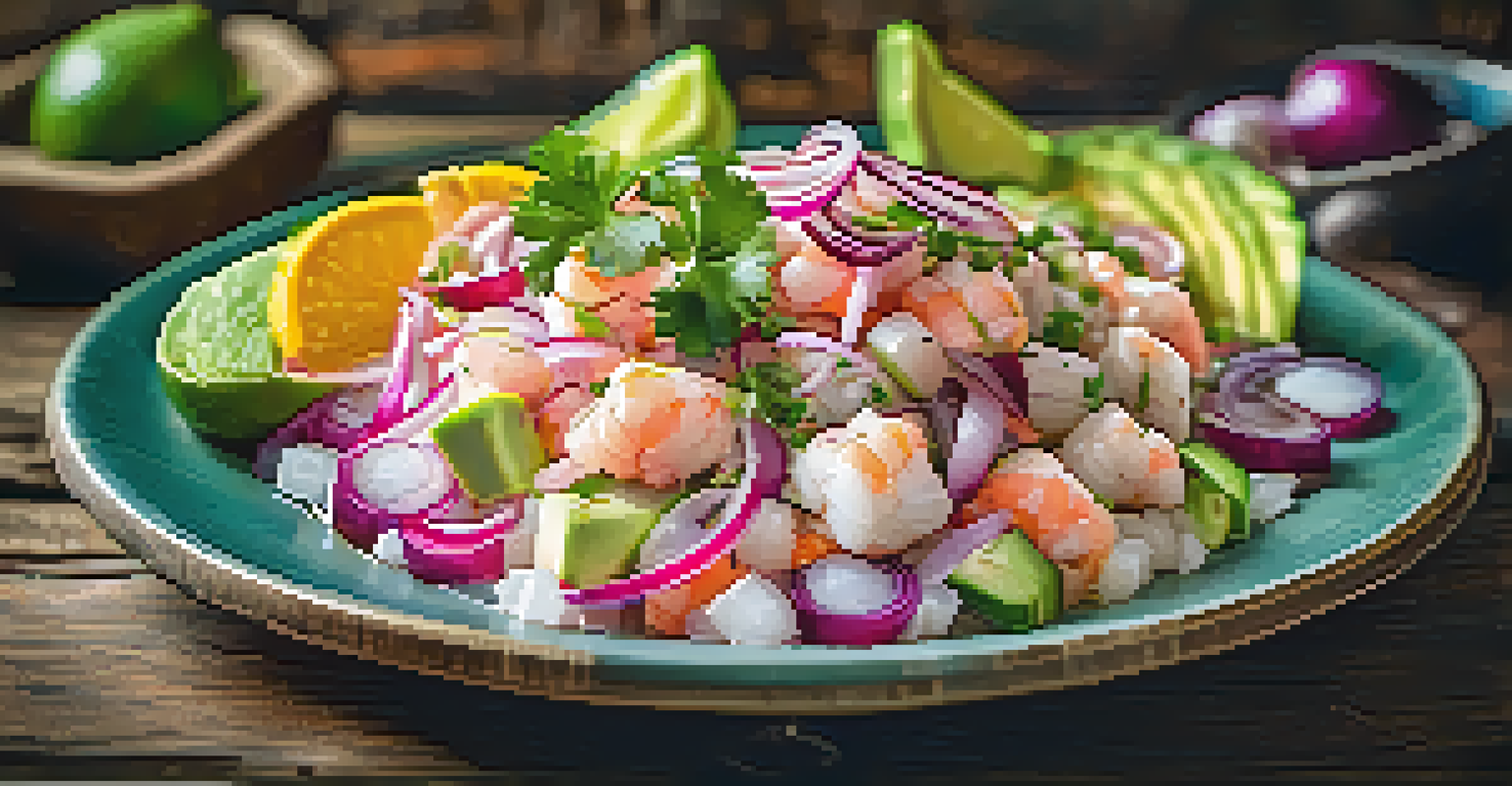 A plated dish of ceviche with fresh fish, garnished with cilantro, red onions, and avocado, on a rustic wooden table.
