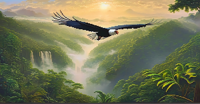 A sunrise view of the Amazon rainforest with lush green trees and an Andean condor flying overhead.
