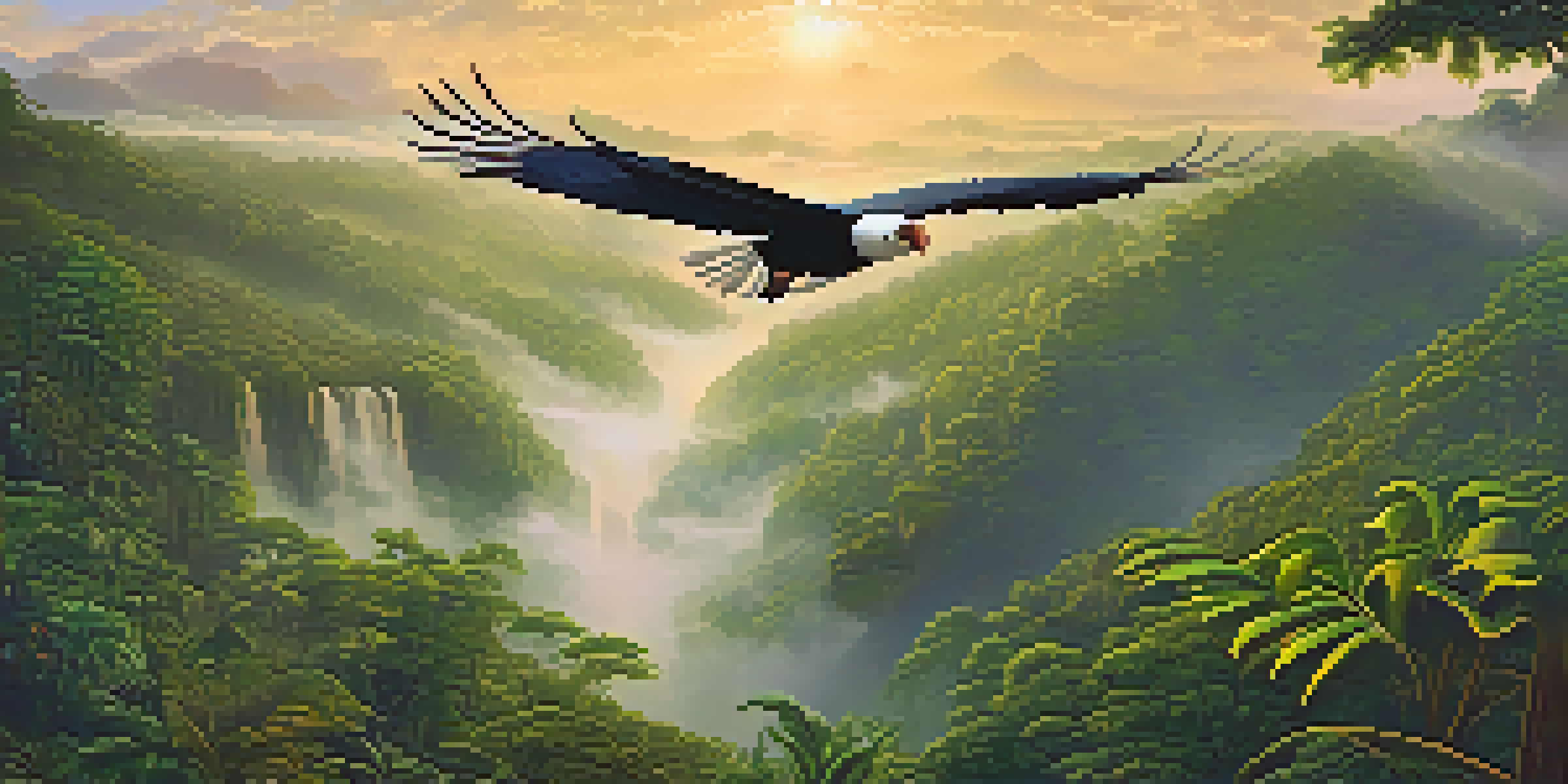 A sunrise view of the Amazon rainforest with lush green trees and an Andean condor flying overhead.