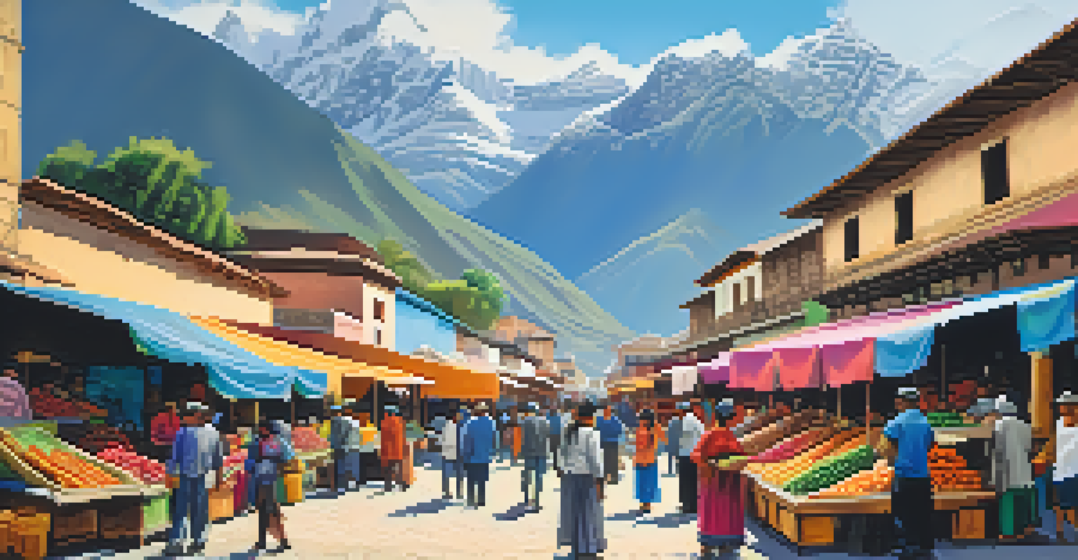 A lively Peruvian market with colorful stalls displaying fresh produce and street food, set against the Andes mountains.