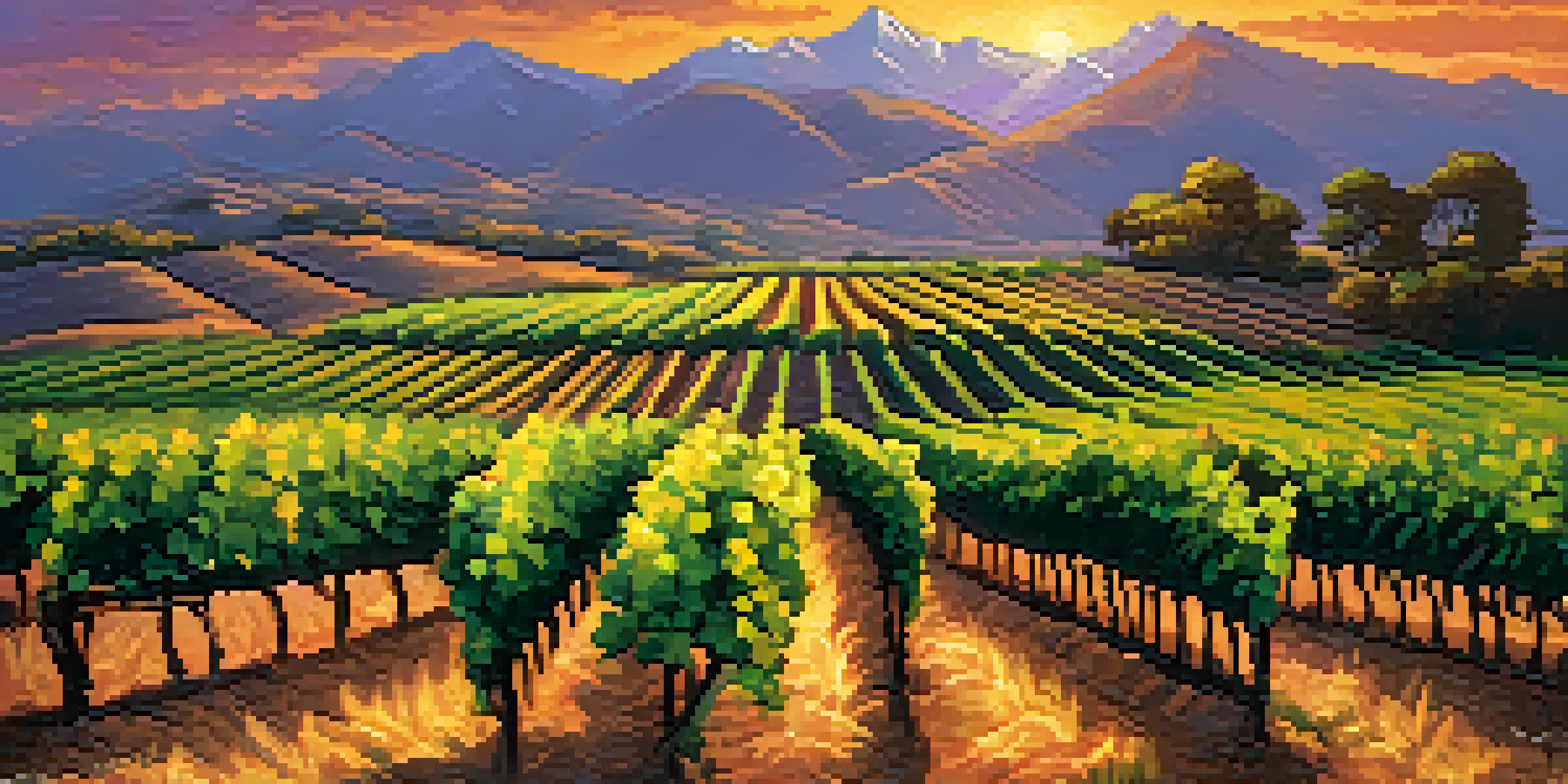 A sunset view of a vineyard in Peru with grapevines and the Andes mountains in the background, showcasing vibrant colors in the sky.