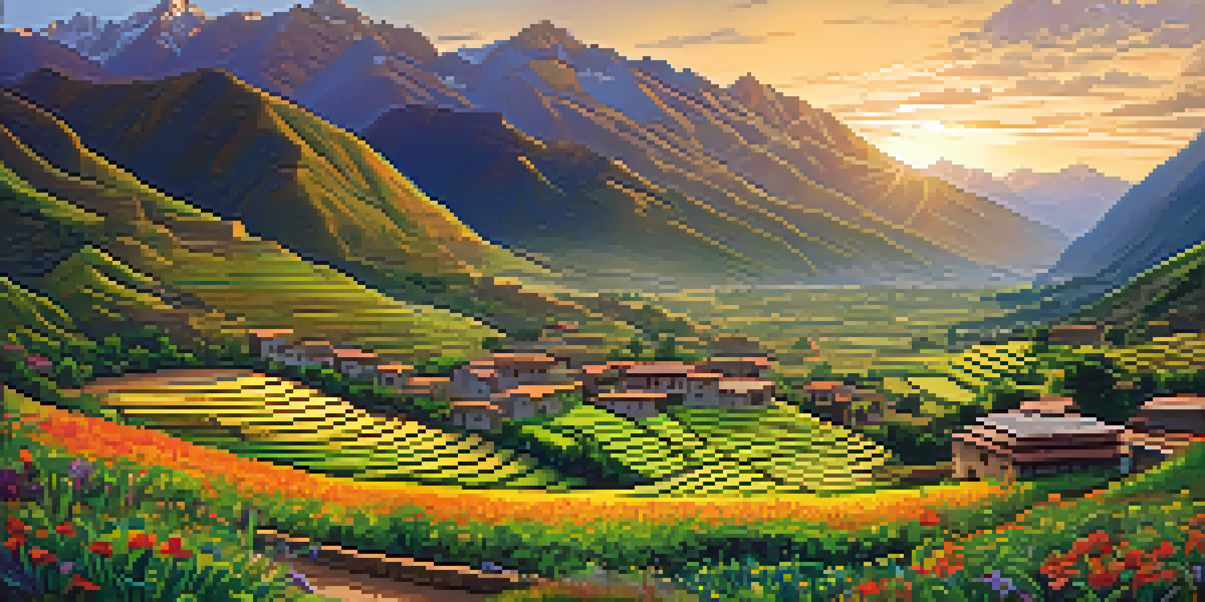 A scenic view of the Sacred Valley at sunrise, showcasing terraced fields and the Andes mountains.