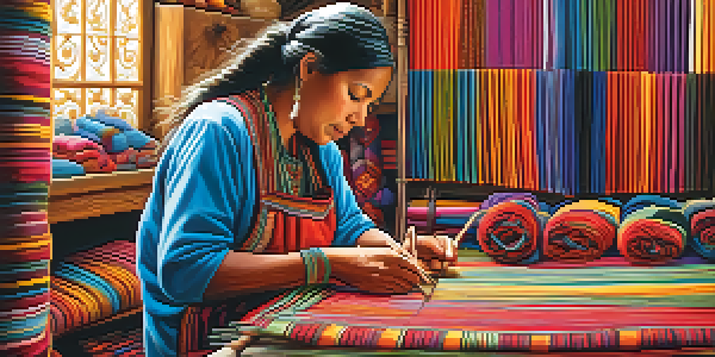 An Indigenous woman weaving colorful Andean textiles in a sunlit workshop, surrounded by intricate patterns and finished pieces.