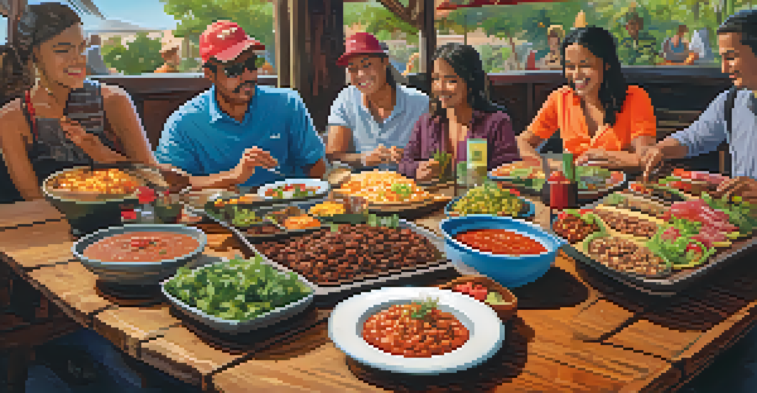 A tasting platter filled with local delicacies like tacos and mole, set on a wooden table with people sharing a meal.