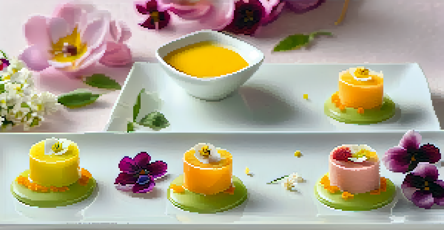 An artistic presentation of Peruvian fusion desserts featuring mango-infused suspiro a la limeña with edible flowers.