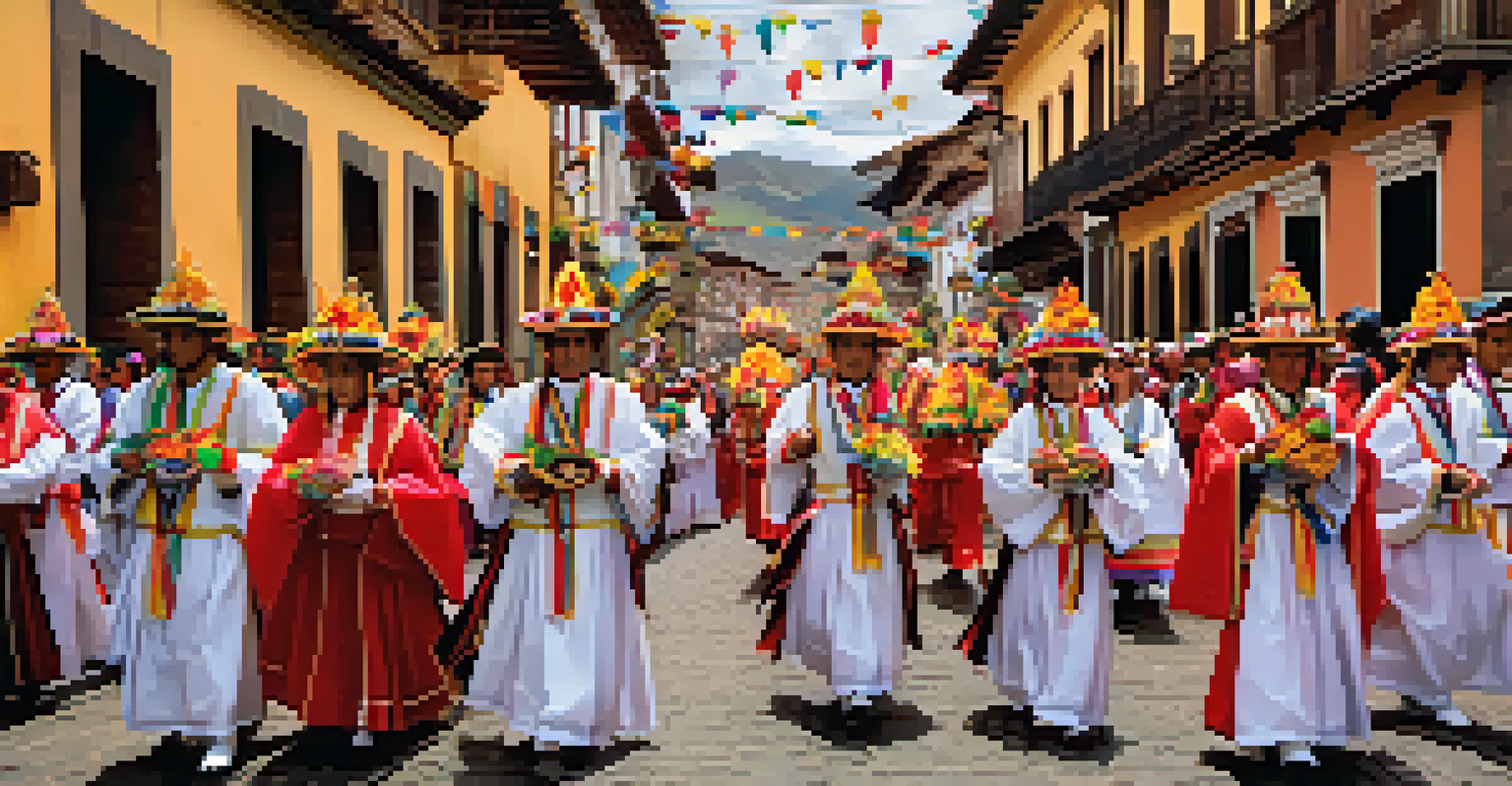 A colorful procession during the Feast of Corpus Christi in Cusco, Peru, featuring participants in traditional attire surrounded by flowers and sacred images.