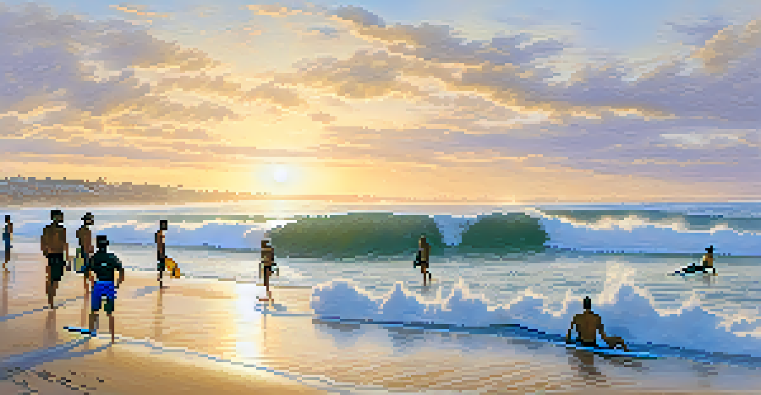 Surfers competing in the waves at Punta Hermosa beach, with spectators on the shore and a beautiful sunset in the background.