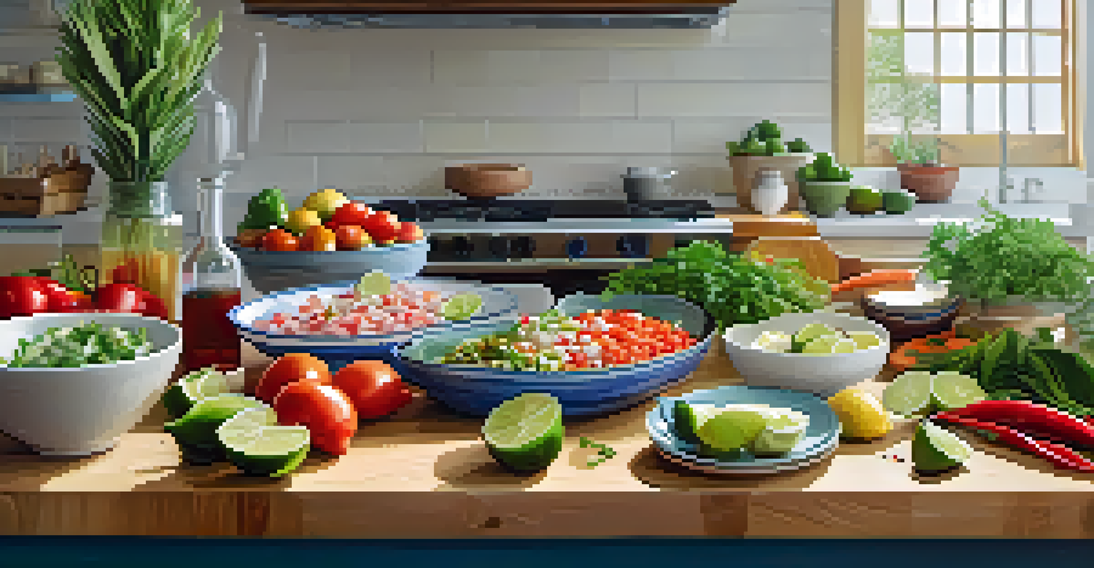 A bright kitchen scene showing ingredients for ceviche like fish, limes, cilantro, and vegetables on a wooden cutting board, with bowls of ingredients in the background.