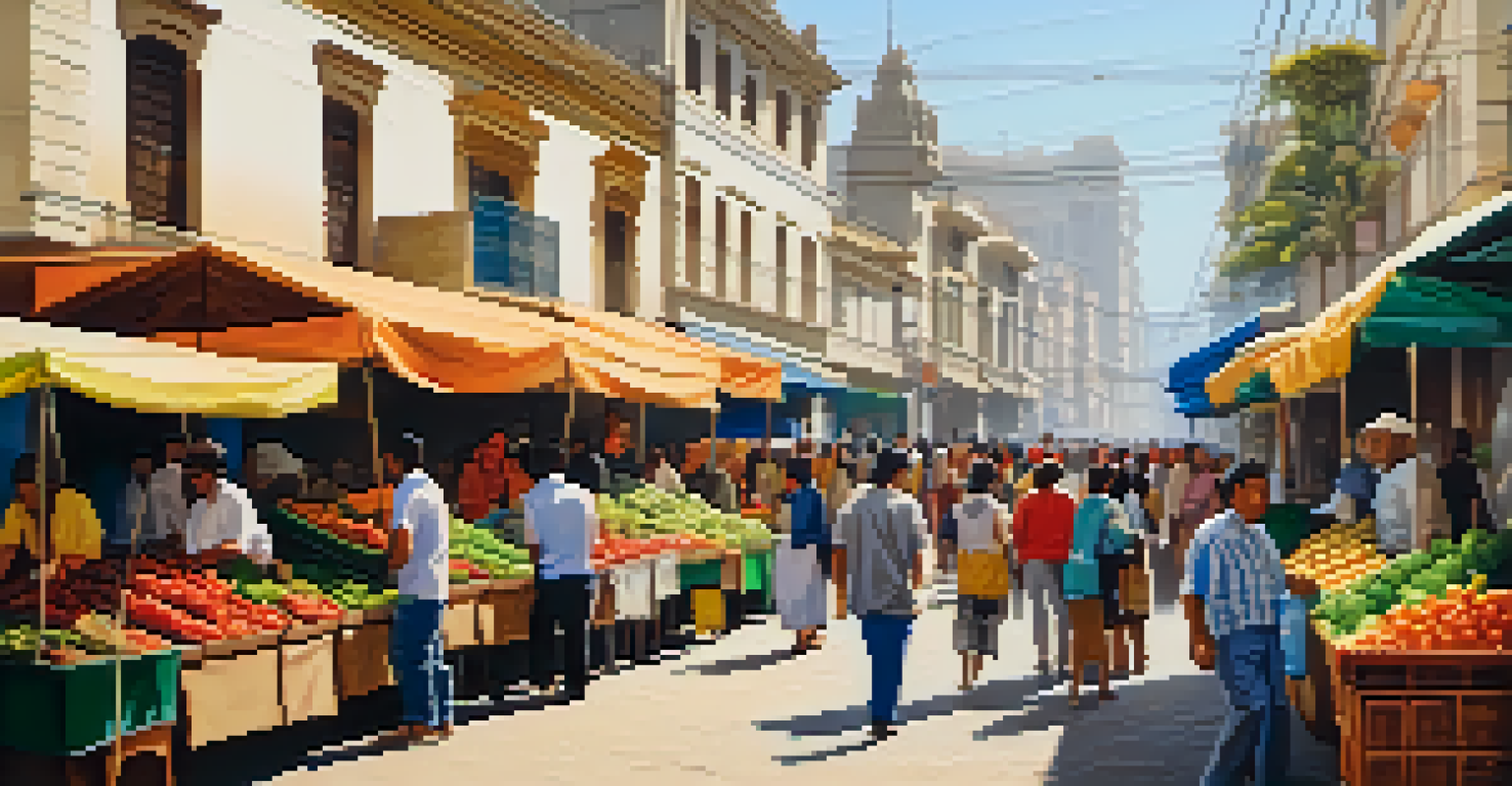 A bustling market in Lima, Peru, filled with vendors, fresh produce, and colonial architecture during a sunny afternoon.