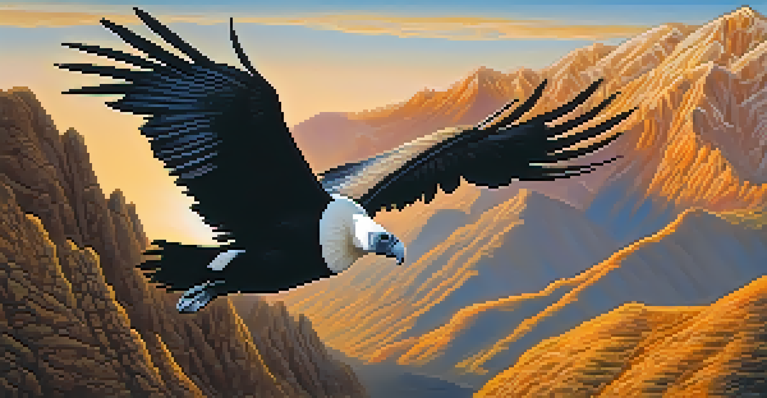 An Andean condor flying above mountainous terrain during sunset, with the sky painted in warm colors.