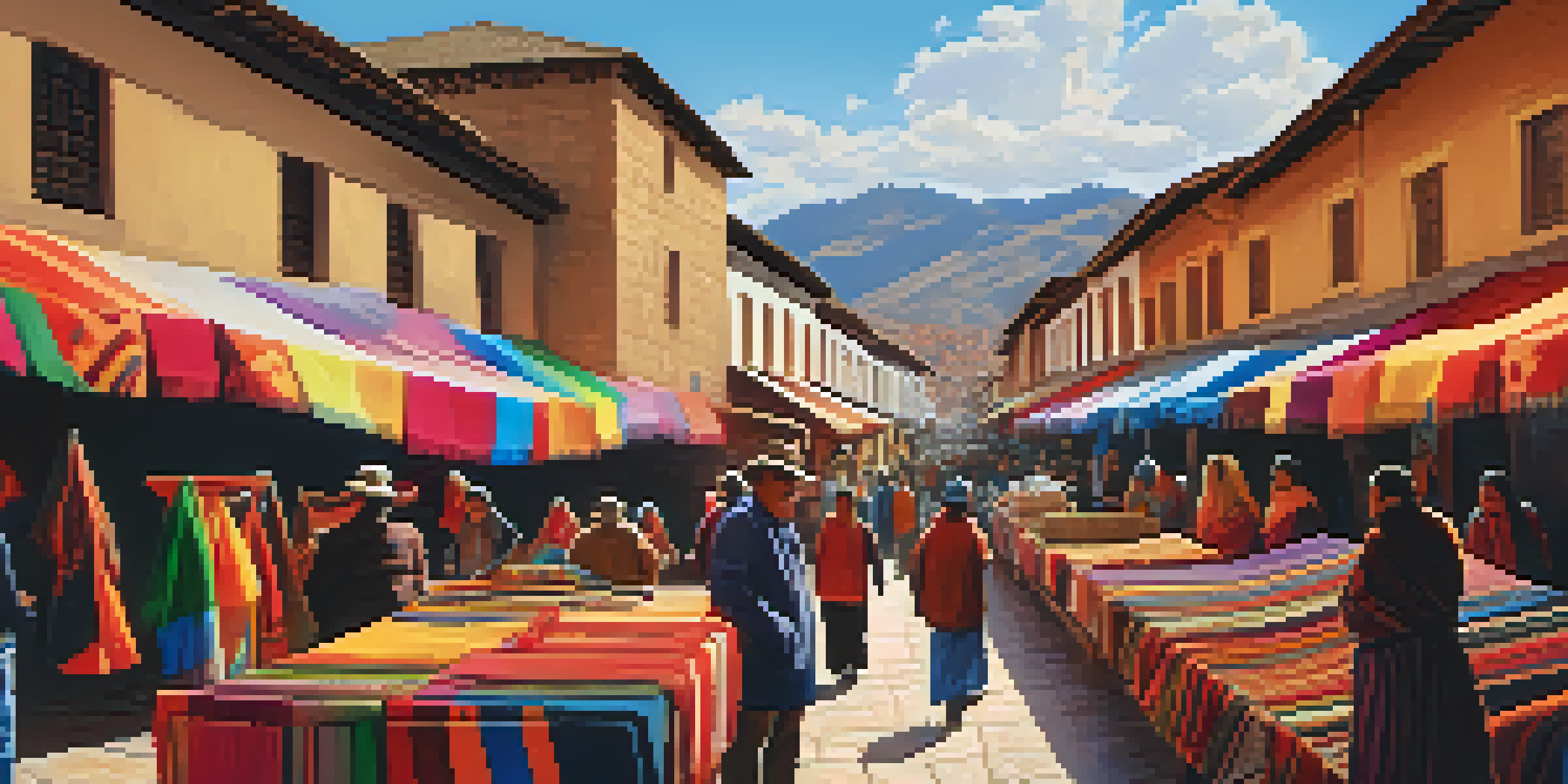 A busy marketplace in Cusco, Peru, filled with colorful handmade textiles and artisans selling their crafts under a warm sun.