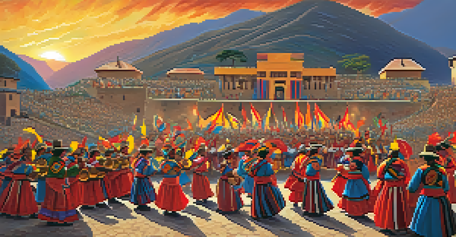 Participants in traditional costumes celebrating the Inti Raymi festival with colorful decorations and ancient ruins.