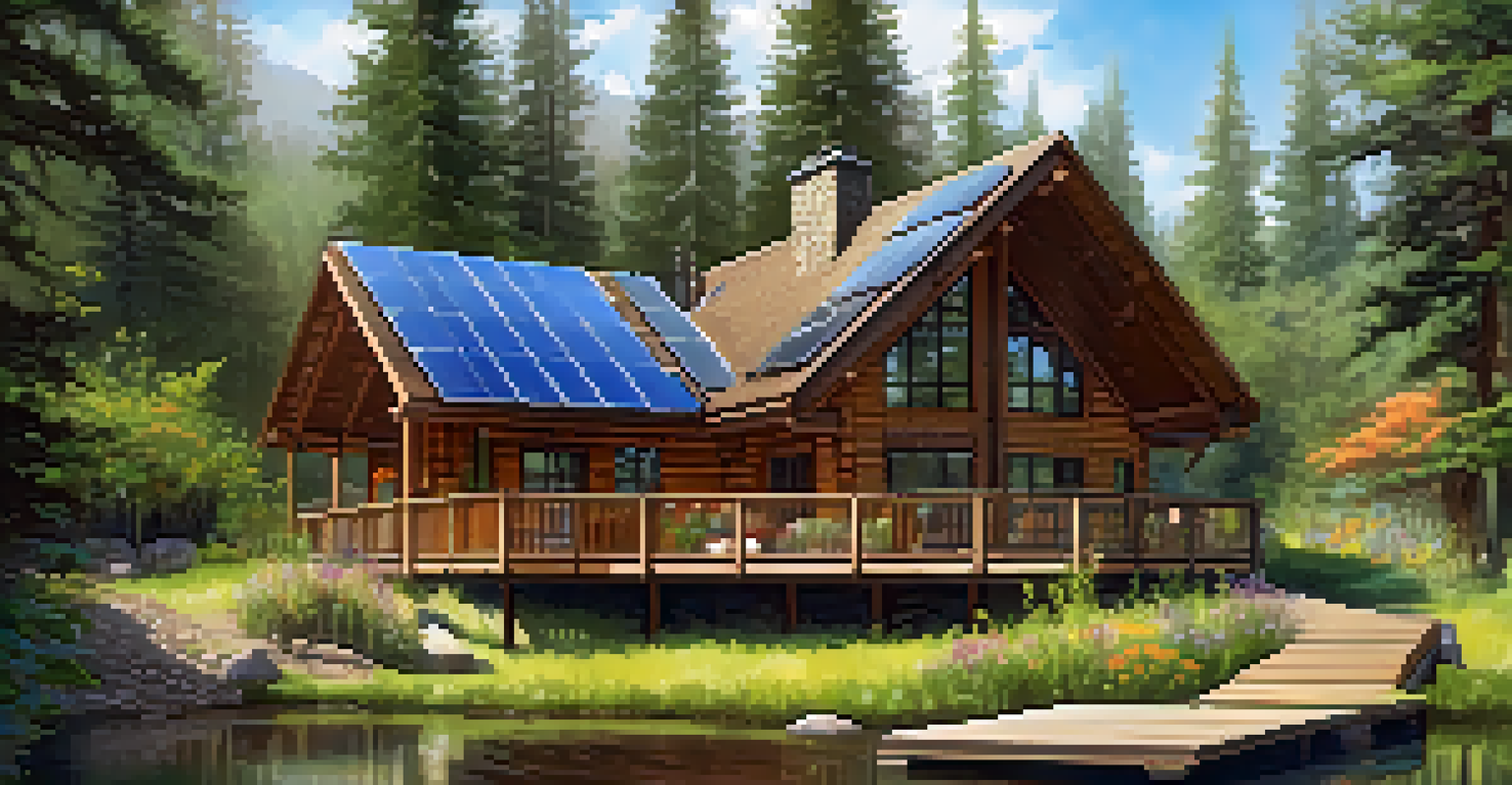 An eco-lodge in a forest with solar panels, surrounded by flowers and a stream, where visitors enjoy coffee.