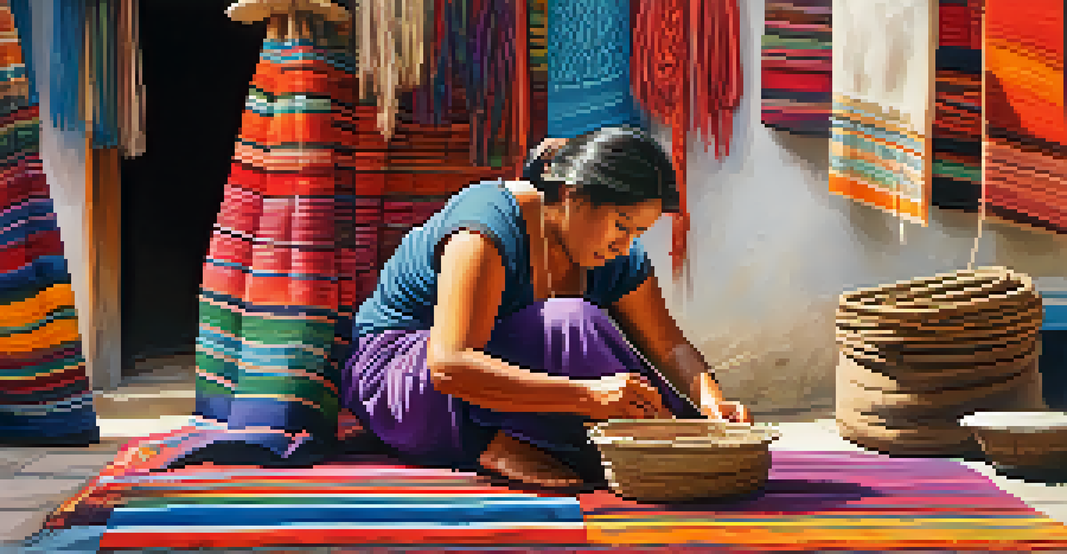 An artisan weaving colorful textiles at a Peruvian street market, surrounded by vibrant fabrics, with soft natural light creating a warm atmosphere.