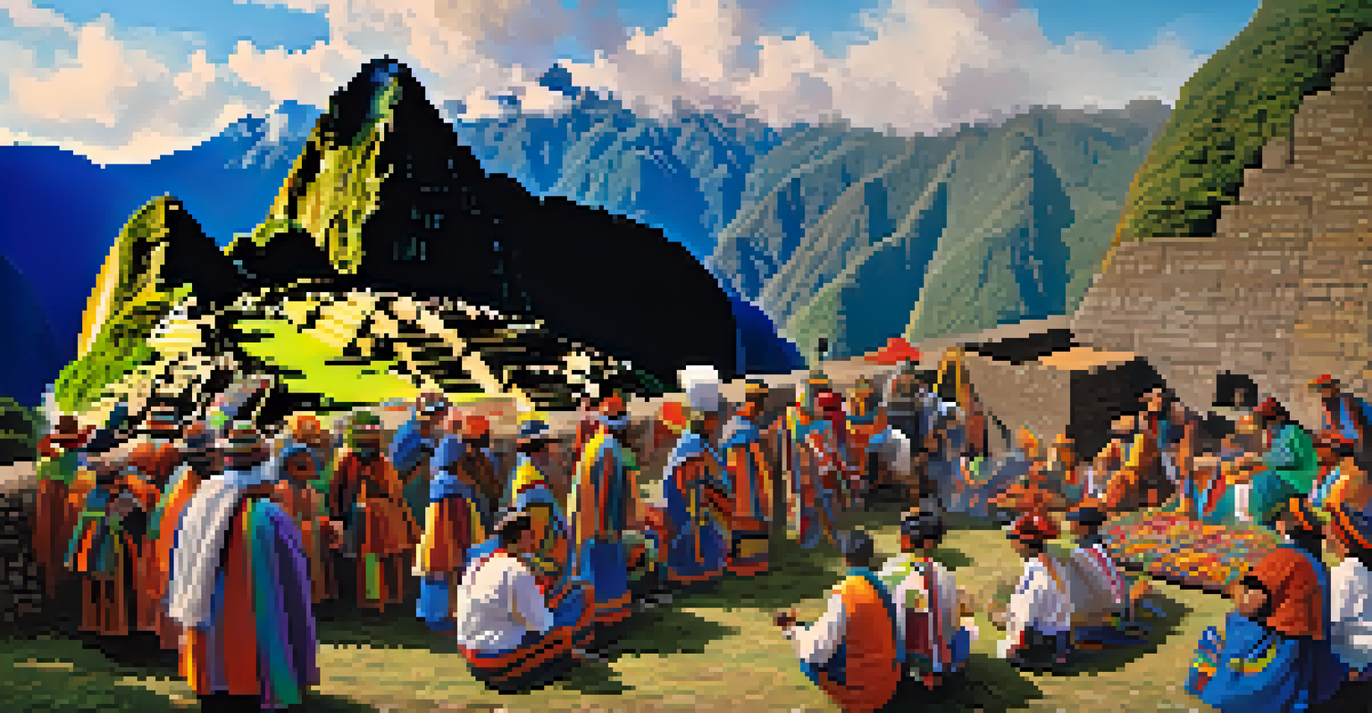Local shamans performing a cultural ceremony at Machu Picchu with colorful offerings and participants in traditional attire.