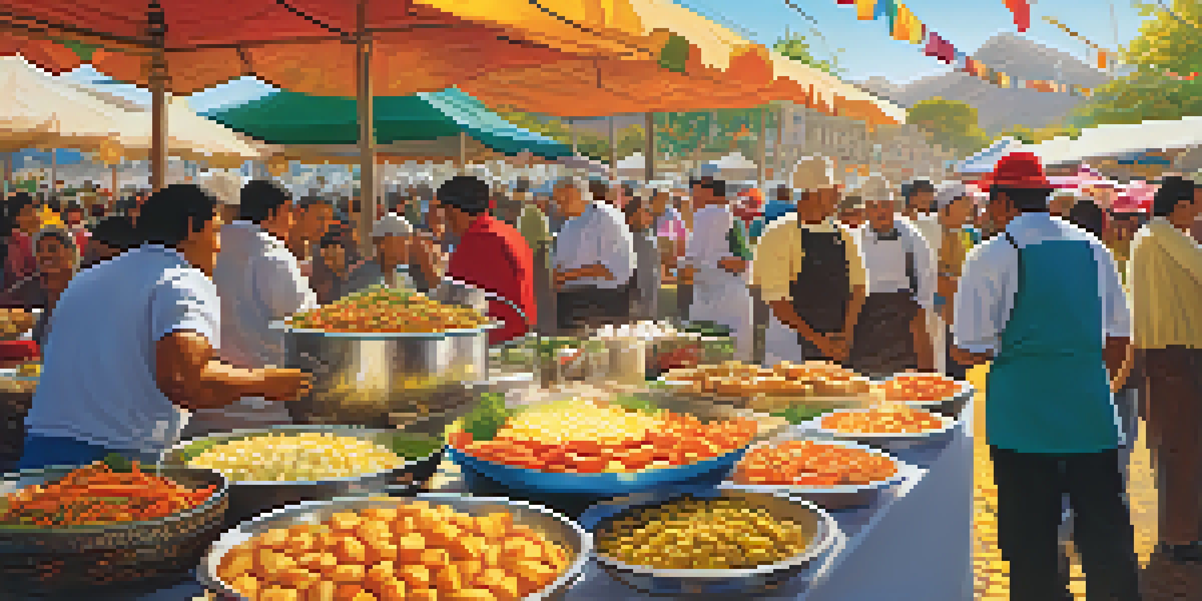 A lively scene at a Peruvian culinary festival, featuring colorful stalls with traditional and fusion dishes, chefs interacting with visitors, and warm sunlight illuminating the vibrant ingredients.
