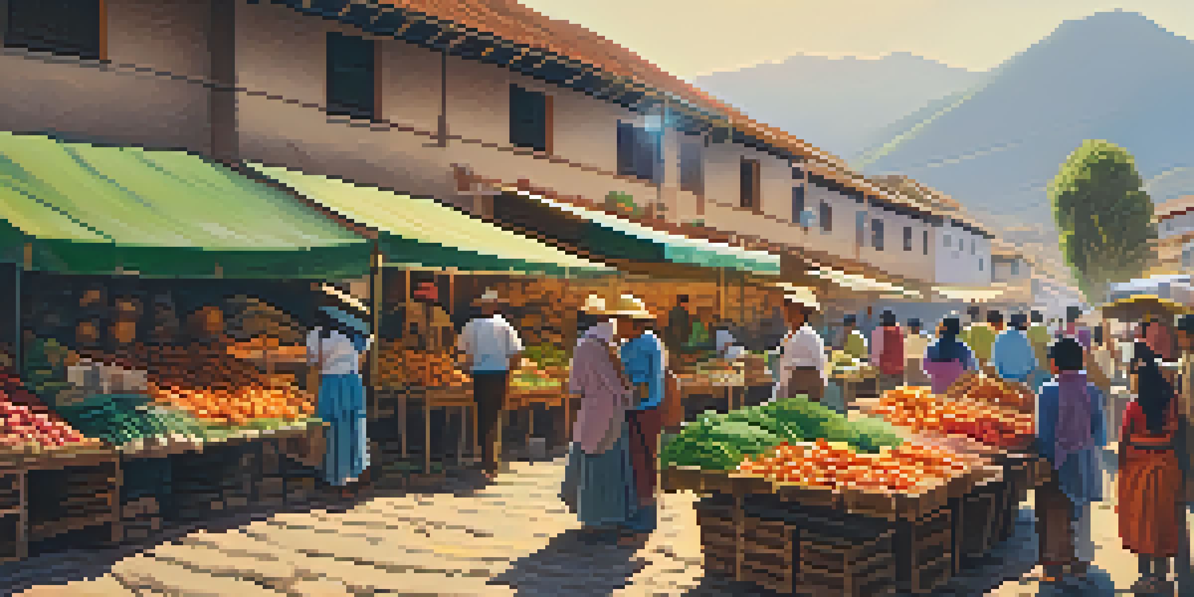 A lively outdoor market in Peru with colorful stalls of fresh produce and smiling vendors interacting with tourists under warm sunlight.