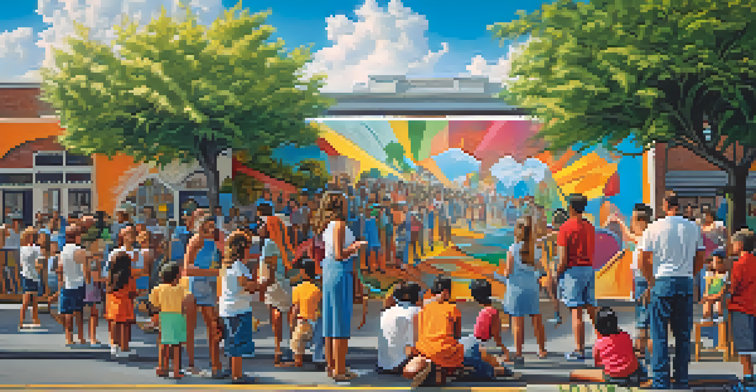 A street artist painting a mural with a diverse group of community members watching in a sunny urban environment.