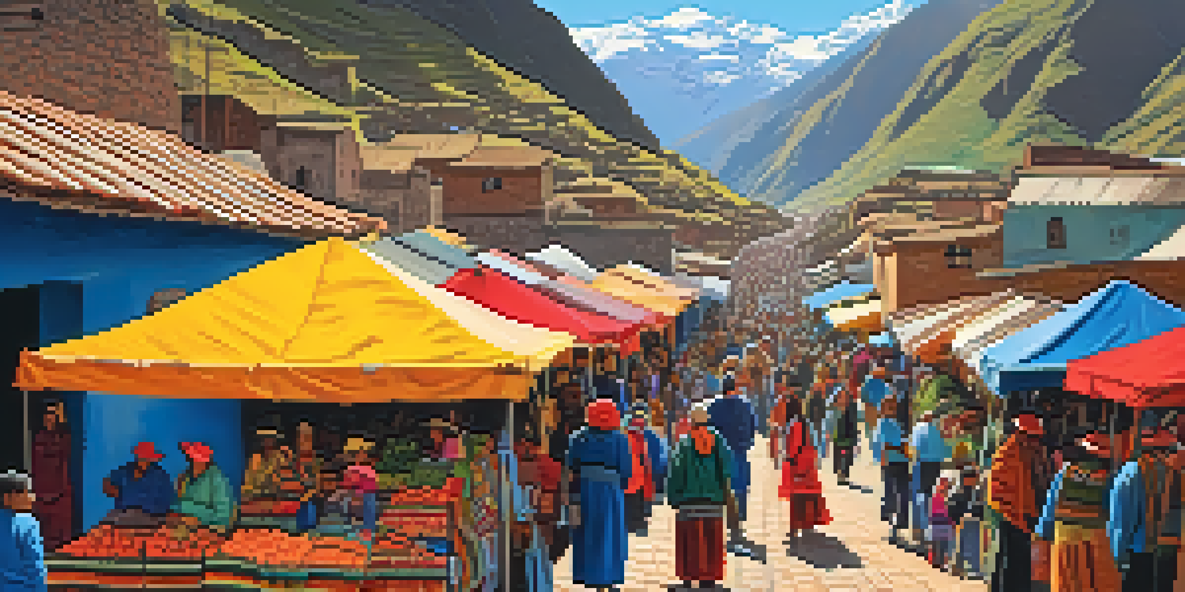 A lively market scene in Pisac, Peru, showcasing colorful stalls with handmade crafts and fresh produce, with locals in traditional clothing and the Andes mountains in the background.