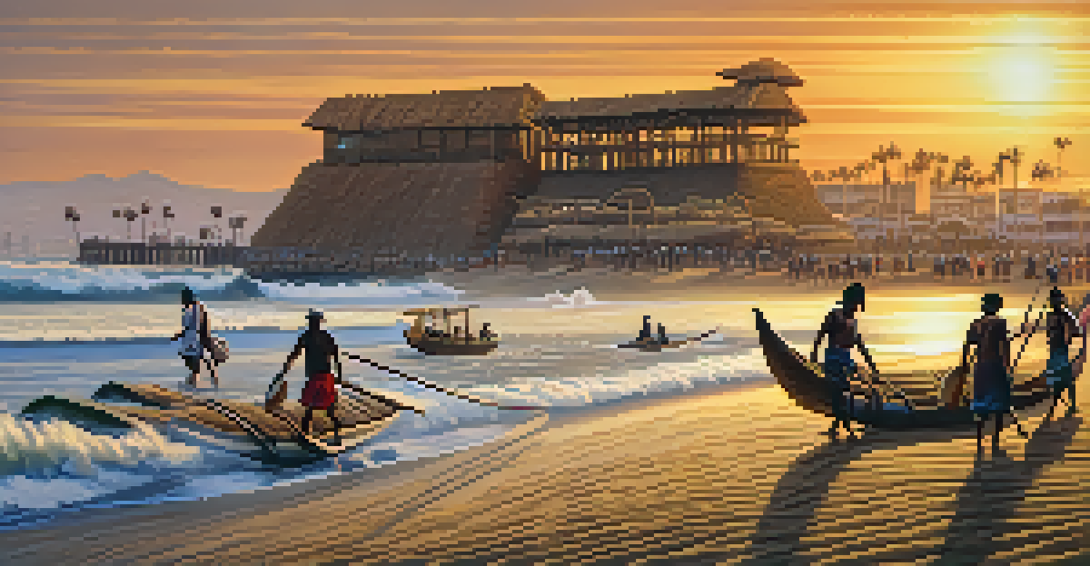 Surfers at Huanchaco beach with traditional reed boats and ancient ruins in the background.