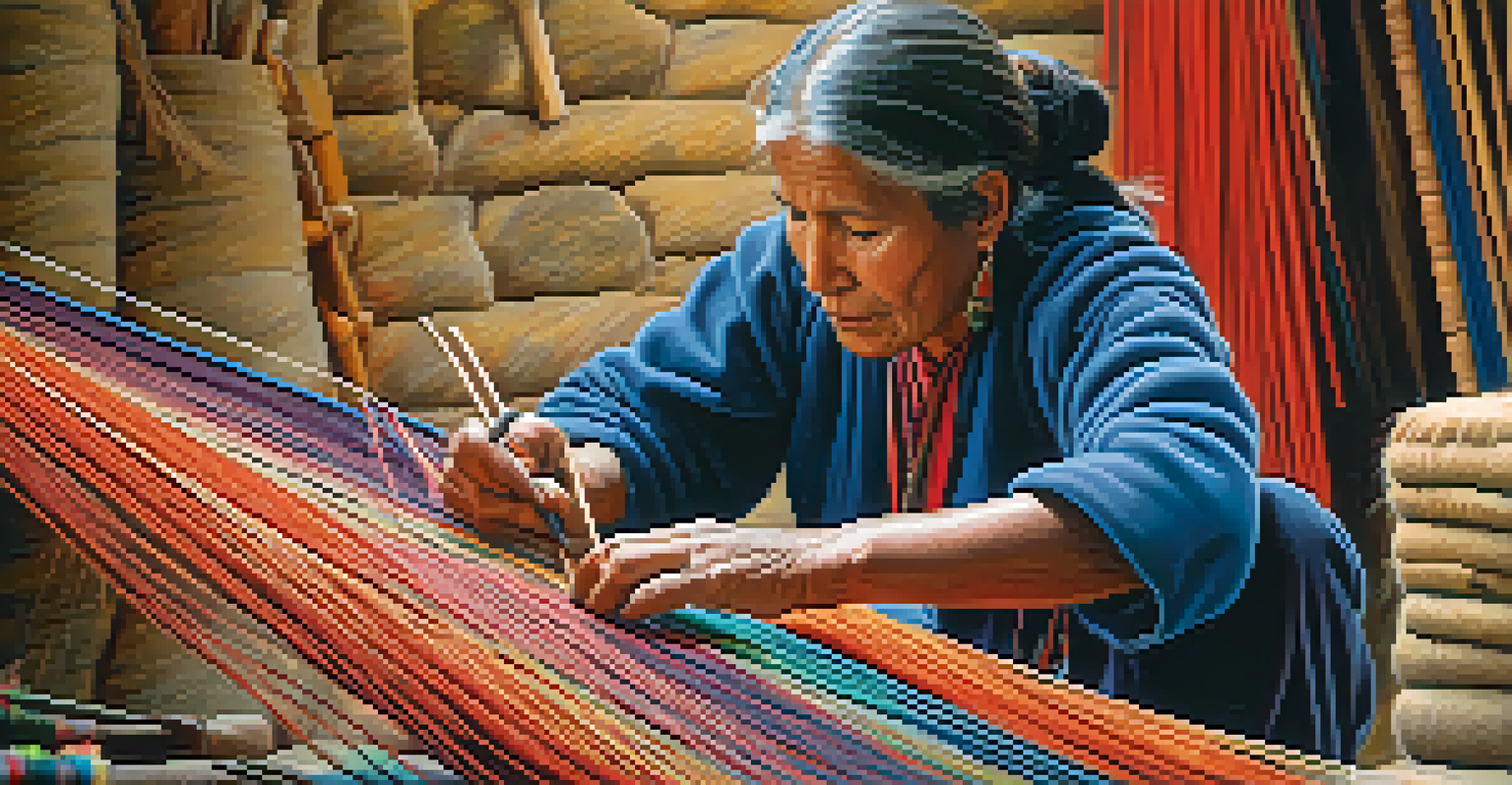 A close-up portrait of a local artisan weaving textiles in the Sacred Valley, surrounded by colorful threads.