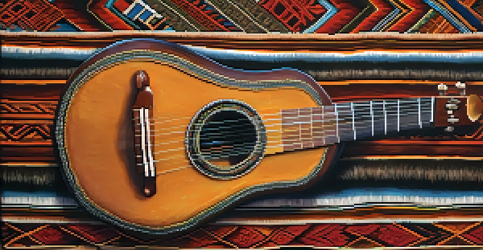 A close-up of a charango placed on an Andean textile, showing its details and textures in warm lighting.