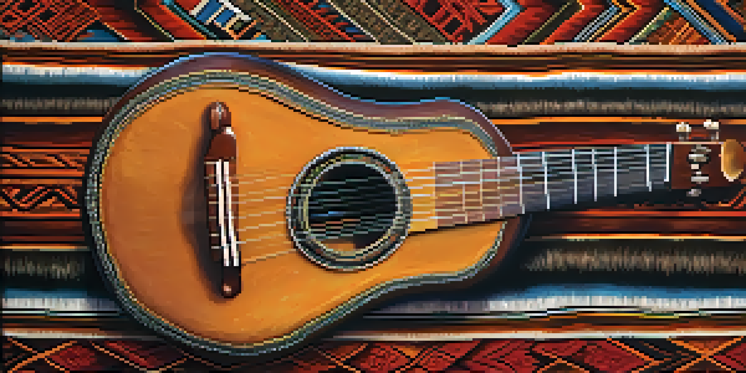 A close-up of a charango placed on an Andean textile, showing its details and textures in warm lighting.