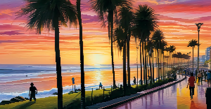 A sunset view from the Miraflores boardwalk in Lima, showcasing palm trees and people walking along the coastal path.