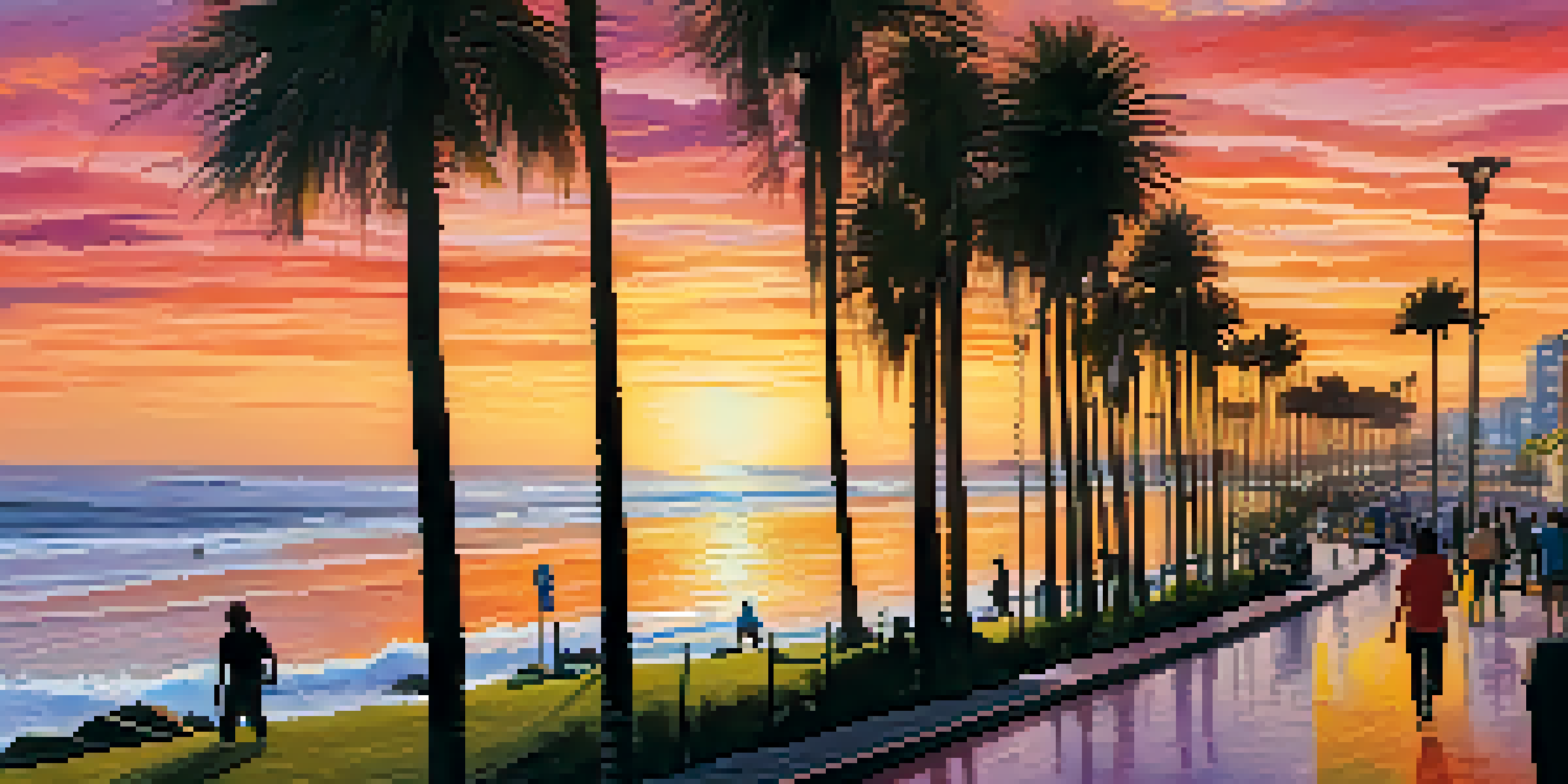 A sunset view from the Miraflores boardwalk in Lima, showcasing palm trees and people walking along the coastal path.