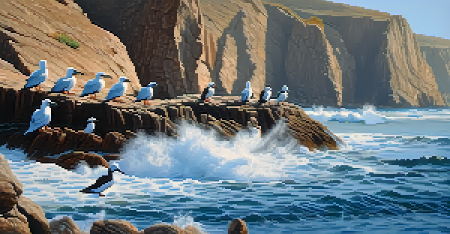 Seabirds on rocky cliffs at Ballestas Islands with ocean waves and clear blue sky, showcasing marine avian life.