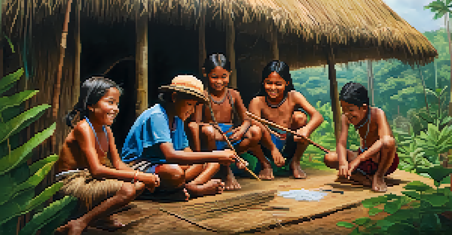 Children participating in a traditional craft workshop in an Amazon indigenous community, surrounded by vibrant materials and lush greenery.