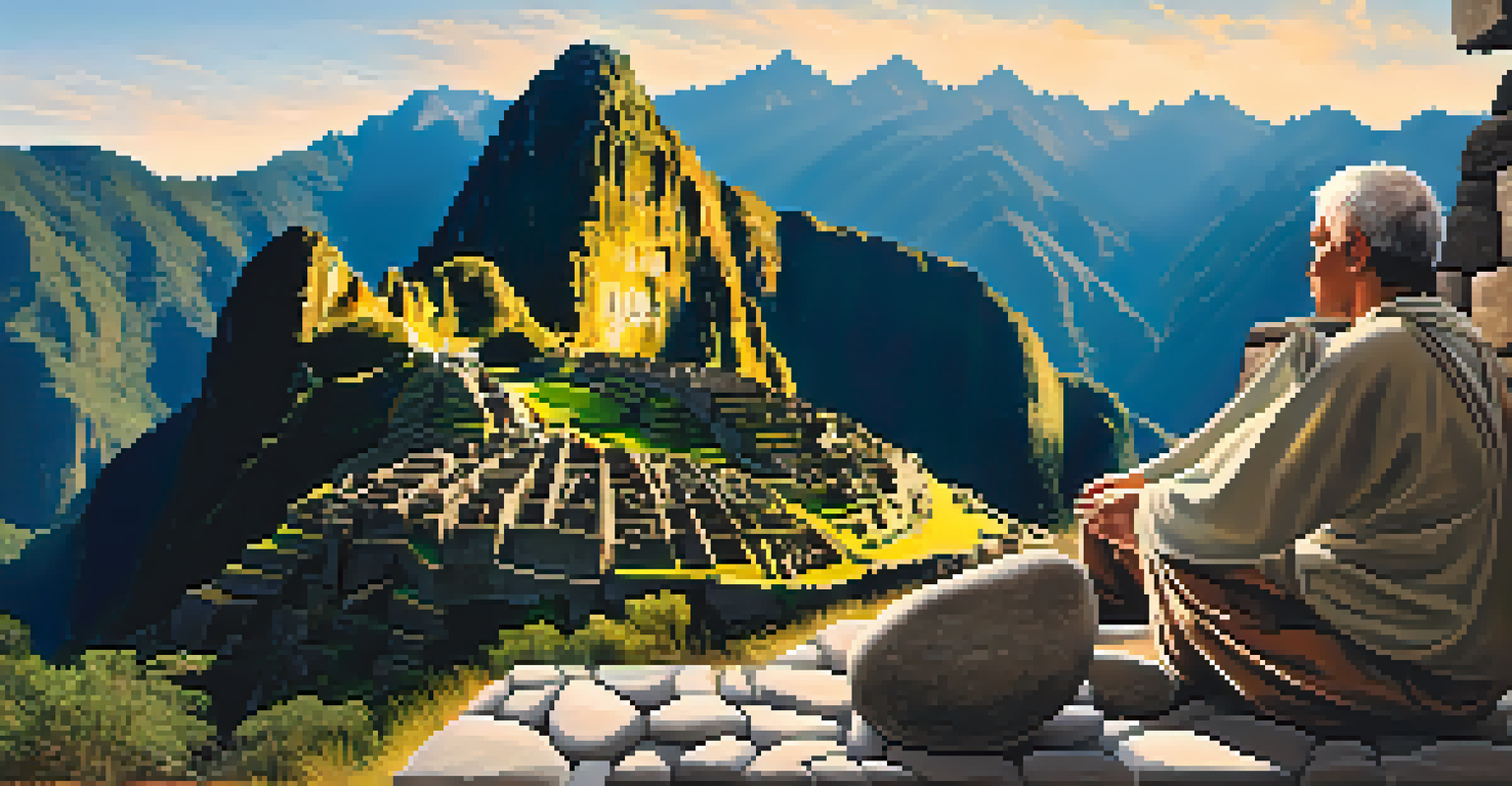 A person meditating at Machu Picchu, surrounded by ancient ruins and lush mountains under a clear blue sky.