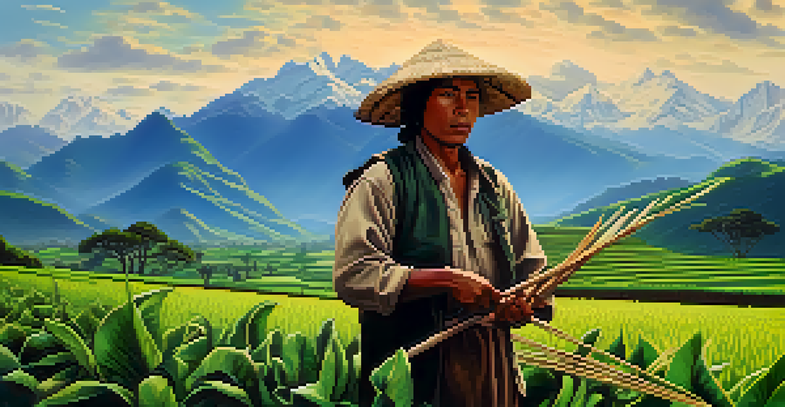 Indigenous farmer in a field with Andes mountains in the background, using traditional tools amidst vibrant crops.