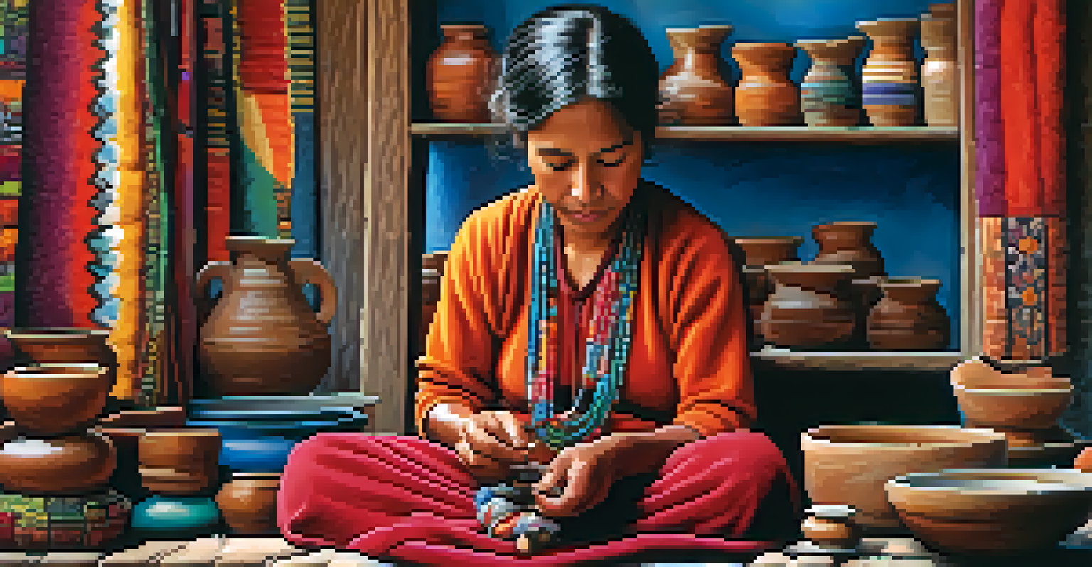 A local artisan in Peru crafting handmade items, surrounded by colorful textiles and pottery.